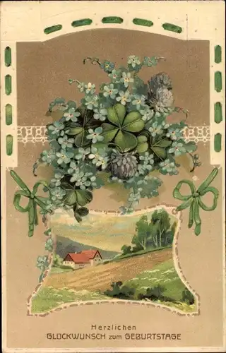 Präge Ak Glückwunsch Geburtstag, Blumenstrauß, Glücksklee