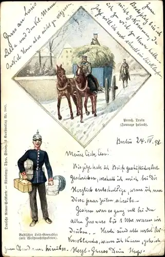 Litho Badischer Leib-Grenadier mit Weihnachtspaketen, Fuhrwerk, Stroh