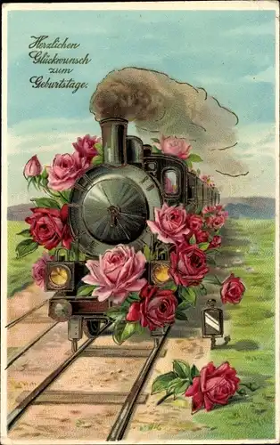 Ak Glückwunsch Geburtstag, Eisenbahn, Gleise, Rosen