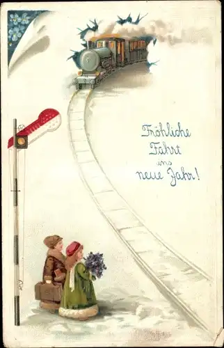 Präge Ak Glückwunsch Neujahr, Pärchen wartet auf Zug