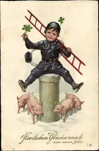 Ak Glückwunsch Neujahr, Schornsteinfeger, Schweine, Glücksklee