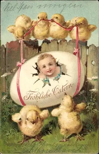 Litho Glückwunsch Ostern, Küken, Kind im Osterei