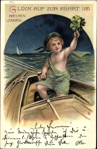 Präge Litho Glückwunsch Neujahr, Kind im Ruderboot, Glücksklee