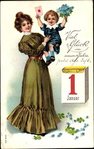 Ak Glückwunsch Neujahr, Frau mit Kind, Kalender, Kleeblätter, Vergissmeinnicht