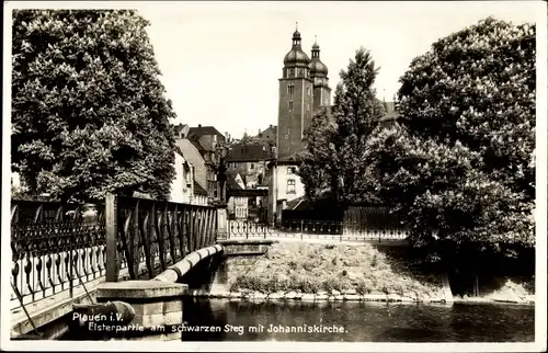 Ak Plauen im Vogtland, Elsterpartie am schwarzen Steg mit Johanniskirche