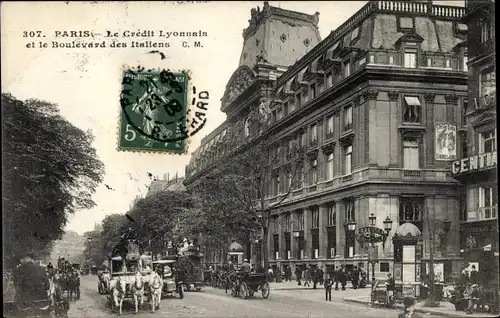 Ak Paris IX. Arrondissement Opéra, Le Credit Lyonnais et le Boulevard des Italiens
