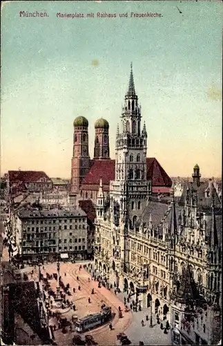 Ak München, Marienplatz, Denkmal, Rathaus und Frauenkirche