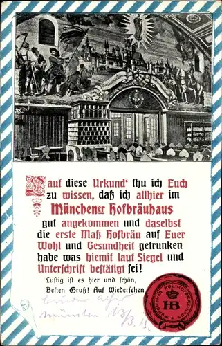 Ak München, Urkunde aus dem Hofbräuhaus, Text