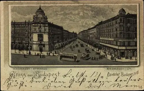 Litho Budapest Ungarn, Andrassy-Strasse, Straßenszene, Straßenbahn