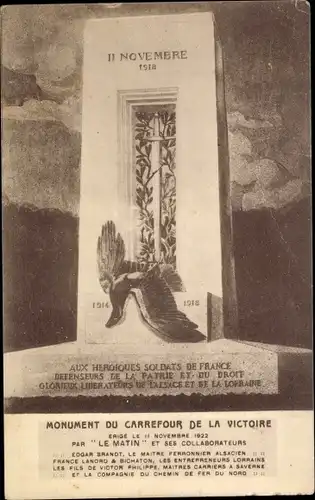 Ak Compiegne Oise, Monument du Carrefour de la Victoire, Denkmal, Krieg, 1918