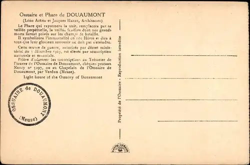 Ak Douaumont Lothringen Meuse, Ossuaire et Phare, Leuchtturm