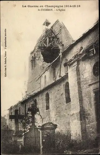 Ak St. Thierry Marne Frankreich, L'Eglise, Kirche, Ruine, Kirchturm