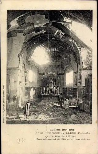 Ak Poncquevillers Pas de Calais, Guerre 1914-1915, Innenansicht Kirche, Zerstörung, Krieg