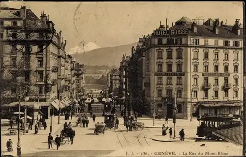 Ak Genève Genf Schweiz, Rue de Mont Blanc, Straßenbahn, Hotel Suisse