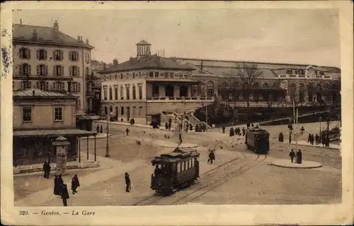 Ak Genève Genf Schweiz, La Gare, Straßenbahn