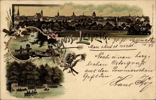 Litho Leipzig in Sachsen, Panorama, Meissenpfahlbau "Wassergott", Ruderboote