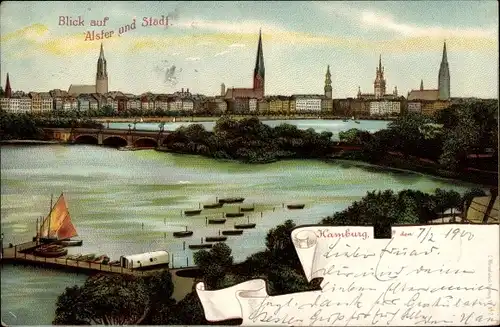 Litho Hamburg, Blick auf Stadt und Alster