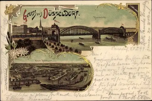 Litho Düsseldorf am Rhein, Rheinbrücke, Neuer Rheinhafen