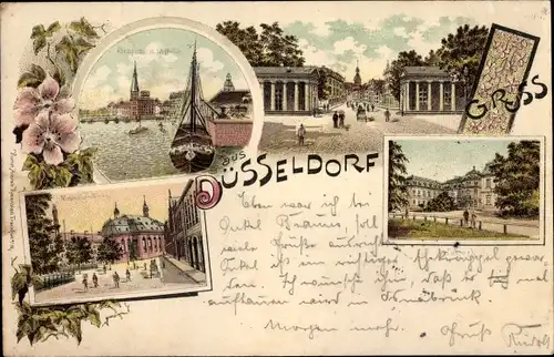 Litho Düsseldorf am Rhein, Schiffbrücke, Kirche, Tor