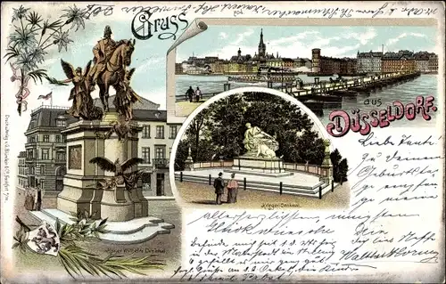 Litho Düsseldorf am Rhein, Kaiser Wilhelm Denkmal, Krieger Denkmal, Panorama