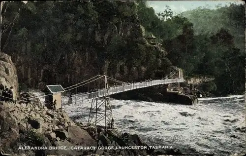 Ak Launceston Tasmanien Australien, Alexandra Bridge, Cataract Gorge, Brücke, Fluß, Felsen