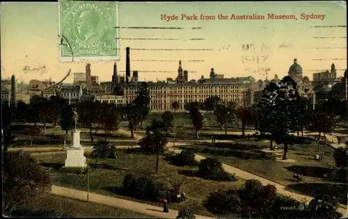 Ak Sydney Australien, Hyde Park from the Australian Museum, Parkanlage, Gebäude