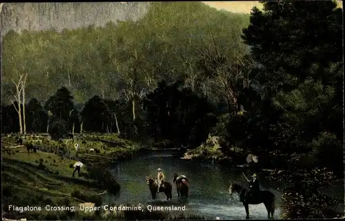 Ak Queensland Australien, Flagstone Crossing, Upper Cordamine, Flußufer, Pferde, Bäume