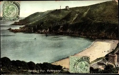 Ak Kanalinsel Guernsey, Fermain Bay, Strand, Meer, Berge, Schloss