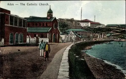 Ak Aden Jemen, The Catholic Church, Uferpromenade, Kirche, Panorama