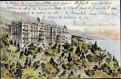 Ak Monte Carlo Monaco, Grand-Hotel du Prince de Galles, Außenansicht, Palmen, Meer
