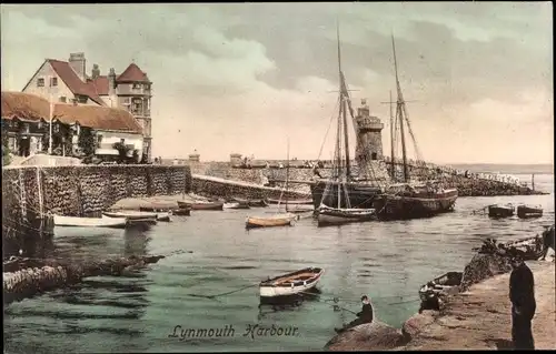 Ak Lynmouth Devon England, Harbour, Hafenpartie, Schiffe, Boote, Angler
