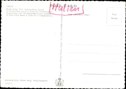 Ak Lagos Nigeria, Broad Street, Independence Square, Straßenansicht