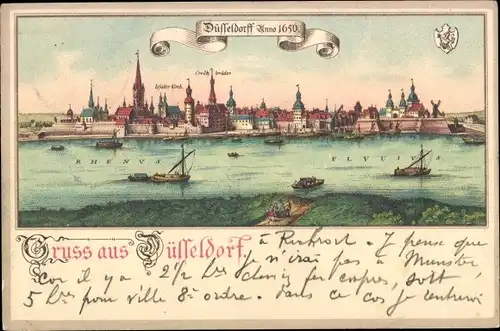 Litho Düsseldorf am Rhein, historische Stadtansicht 1650