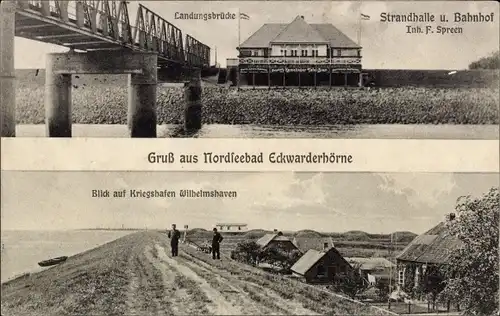 Ak Eckwarderhörne Butjadingen Wesermarsch, Landungsbrücke, Strandhalle, Bahnhof, Kriegshafen