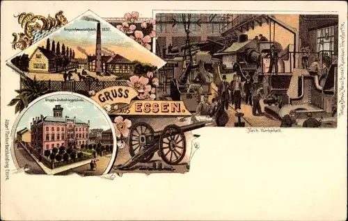 Litho Essen im Ruhrgebiet, Krupp's Stahlfabrik, Krupp's Industriegebäude, Mech. Werkstatt