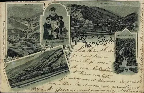 Litho Bad Peterstal Griesbach im Schwarzwald Baden, Oberkirch, Wasserfall, Familie in Tracht