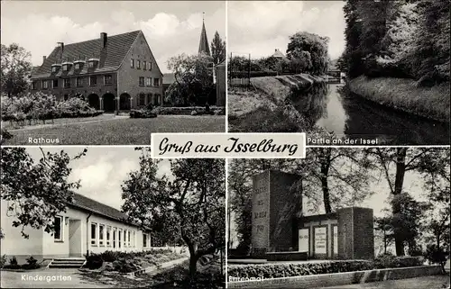 Ak Isselburg in Nordrhein Westfalen, Rathaus, Partie an der Issel, Kindergarten, Ehrenmal