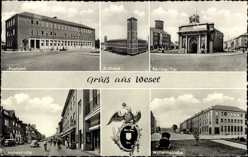 Ak Wesel am Niederrhein, Postamt, Rathaus, Berliner Tor, Hohestraße, Wilhelmstraße, Wappen