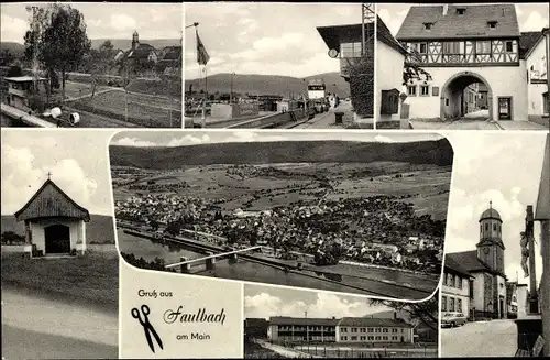 Ak Faulbach in Unterfranken, Panorama, Kirche, Torbogen, Brücken, Bahnhof