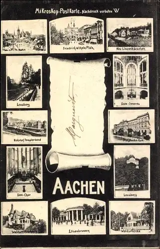 Ak Aachen in Nordrhein Westfalen, Friedrich-Wilhelm-Platz, Dom, Bahnhof, Mikroskop Postkarte