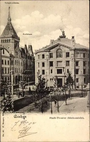 Ak Aachen in Nordrhein Westfalen, Stadt-Theater Rückansicht, Telephonturm, Karlshaus