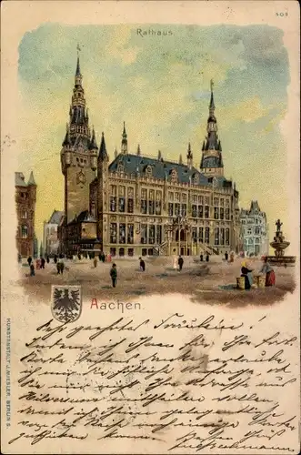 Litho Aachen in Nordrhein Westfalen, Rathaus, Brunnen, Wappen