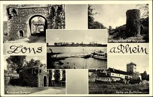 Ak Zons Dormagen Niederrhein, Burgtor, Krötchenturm mit Wallgraben, äußeres Burgtor, Zollturm, Rhein