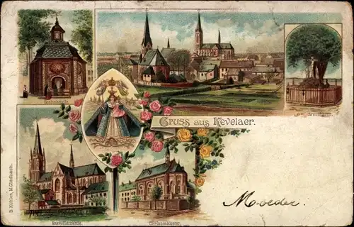 Litho Kevelaer am Niederrhein, Ortsansicht, Kirche, Denkmal, Maria, Gnadenkapelle, Klarissen-Kloster