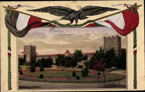 Passepartout Ak Worms am Rhein, Stadtmauer, Fahnen