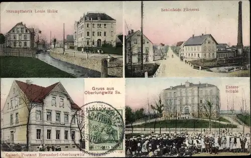 Ak Oberlungwitz in Sachsen, Strumpffabrik, Schönfelds Färberei, Kaiserl. Postamt, Untere Schule