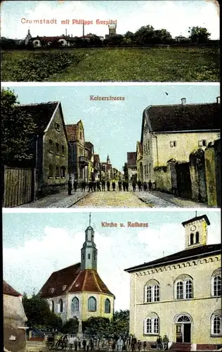 Ak Crumstadt Riedstadt Hessen, Philipps Hospital, Kaiserstraße, Kirche, Rathaus