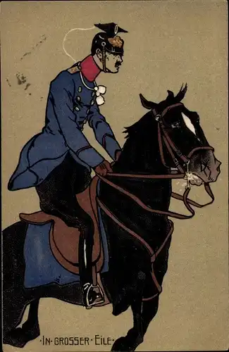 Künstler Ak In großer Eile, deutscher Soldat zu Pferde, Karikatur