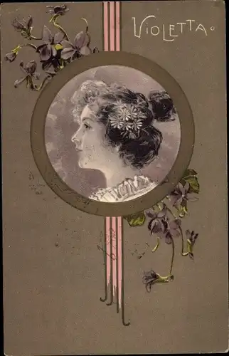 Jugendstil Präge Ak Frauenbildnis, Violetta, Veilchen