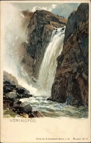 Künstler Litho von Eckenbrecher, Themistokles, Vöringvos Norwegen, Wasserfall